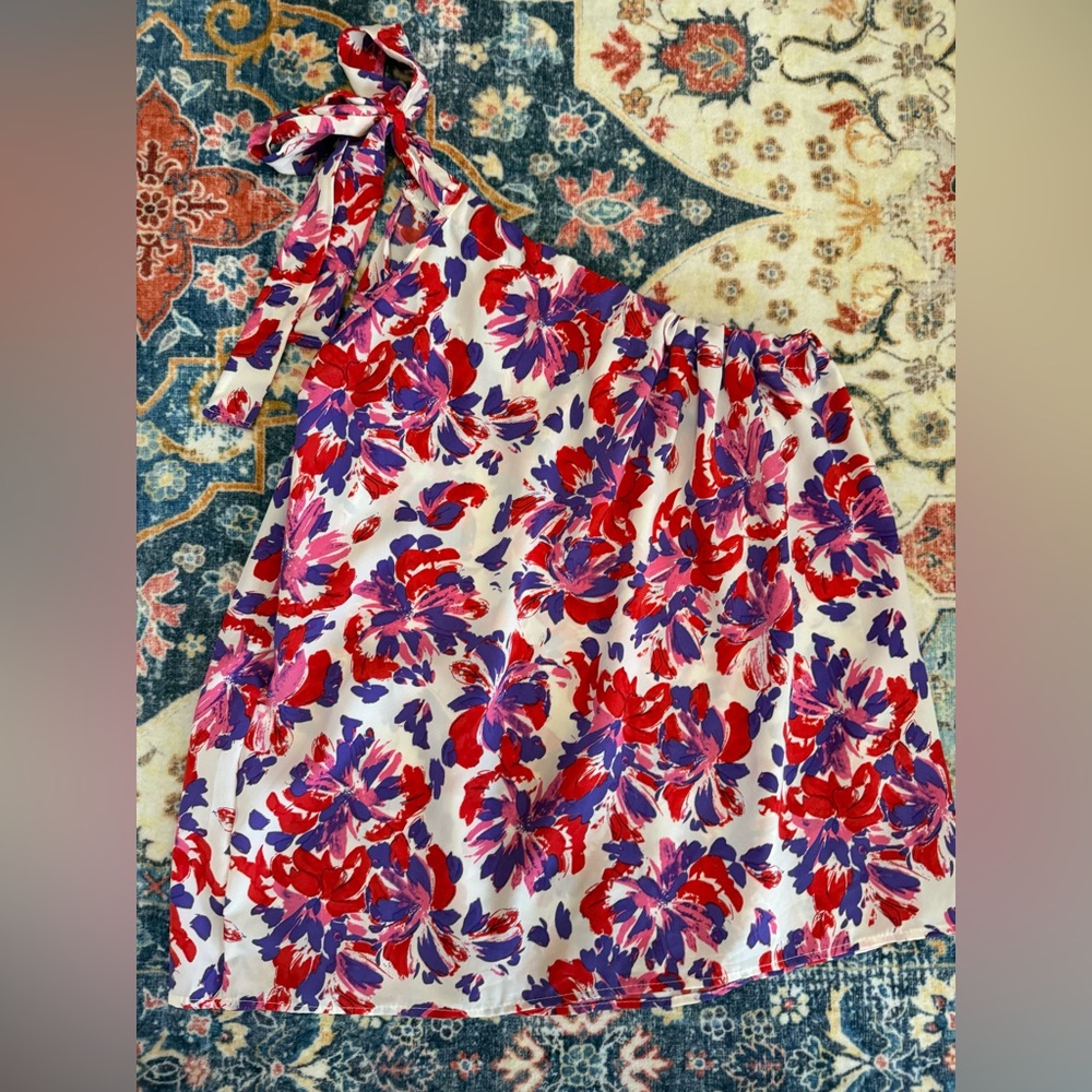 250 BiBi One Shoulder Floral Top S Red Purple Tie Strap Asymmetrical Summer - Picture 2 of 5